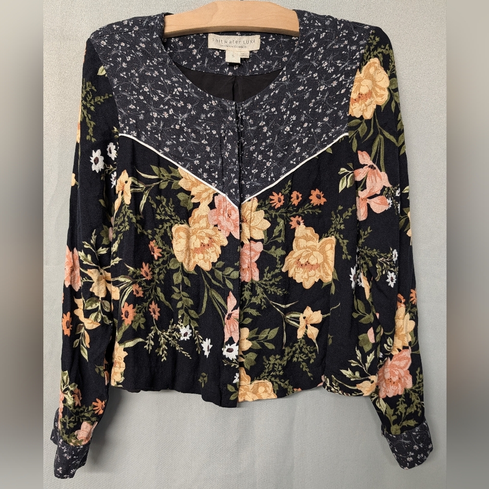 Saltwater LUXE Spring Garden Jacket With Black Button-Front Floral Blooms Size S
